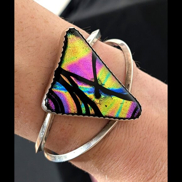 Rula Glass Jewelry - Very Large MODERN ART Rainbow Dichroic Glass 925 Sterling Silver Bracelet